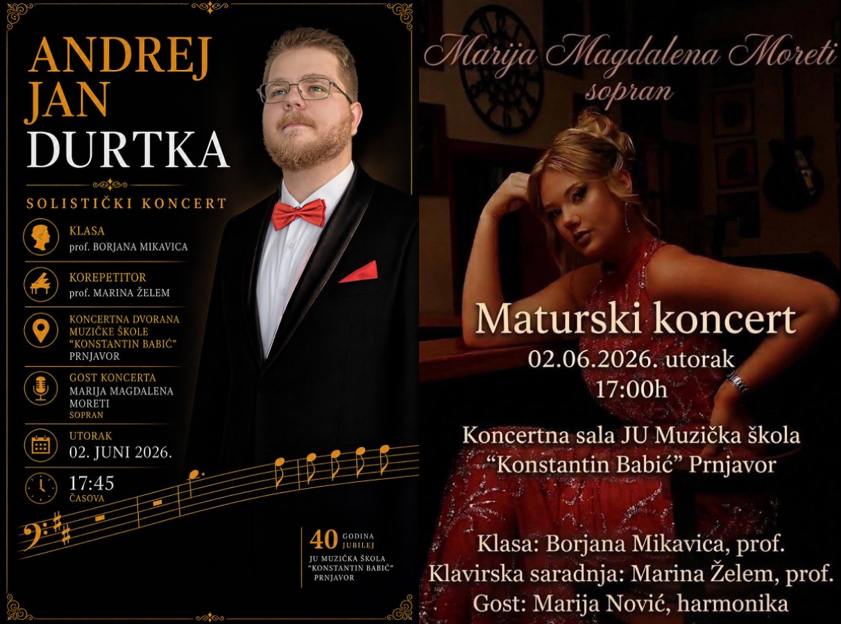 Maturski koncerti Marije Magdalene Moreti i Andreja Jana Durtke u utorak u Prnjavoru
