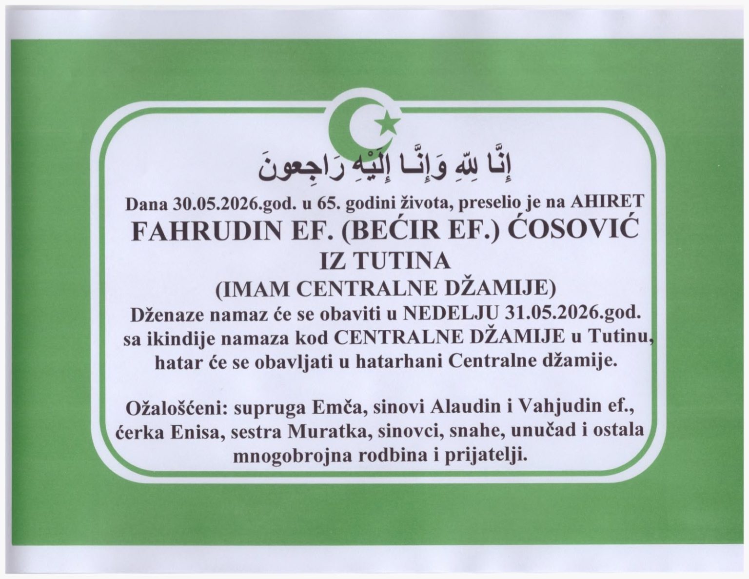 Dženaza rah. Fahrudin ef. danas (nedelja) s ikindije