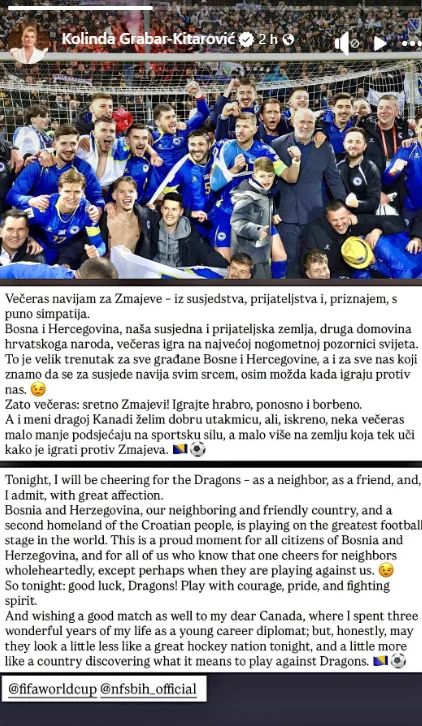 Kolinda uoči utakmice: Navijam za BiH, a dragoj Kanadi želim da večeras nauči kako je igrati protiv Zmajeva
