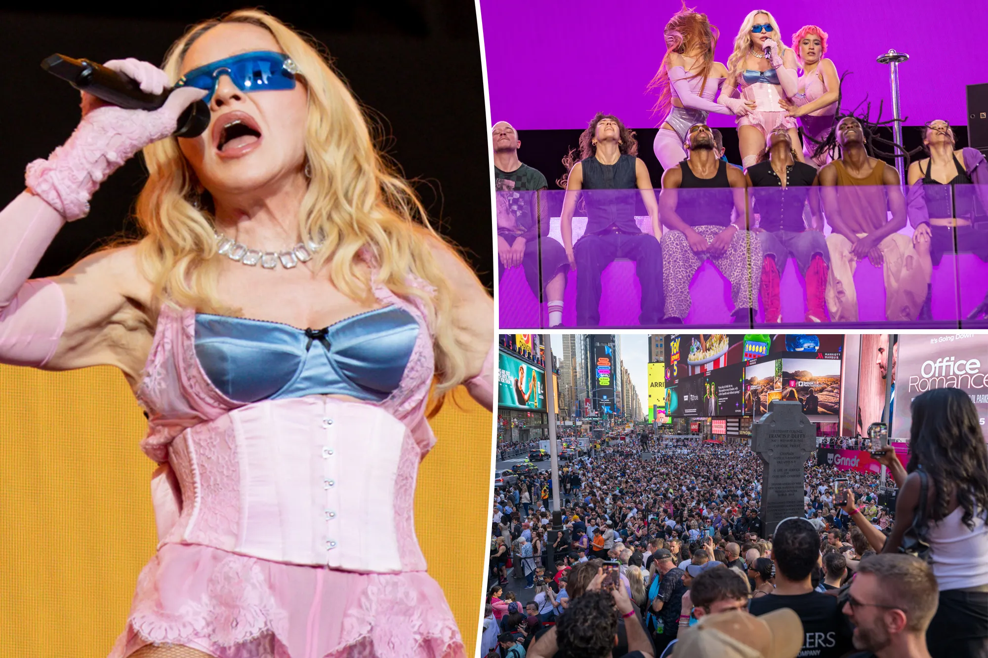 Madonna, 67, shocks in skintight pink corset at surprise NYC Times Square concert
