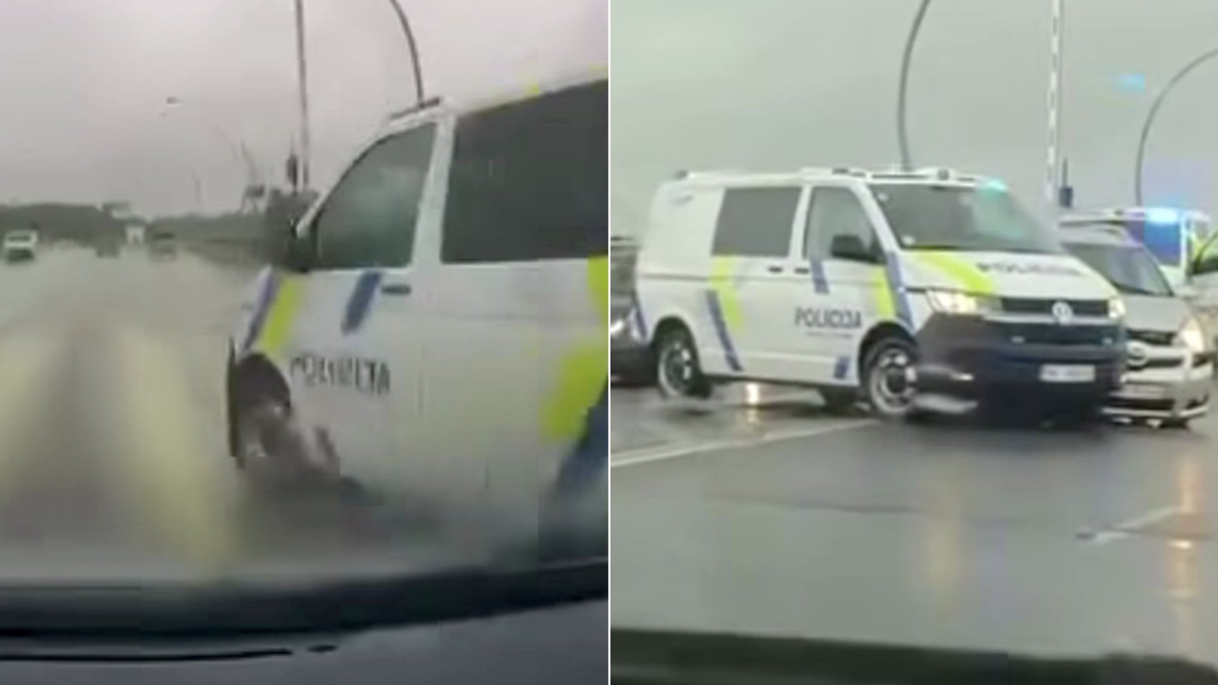 Video: Policijas busiņš ieslēdz bākugunis un uzreiz veic strauju manevru, izraisot sadursmi