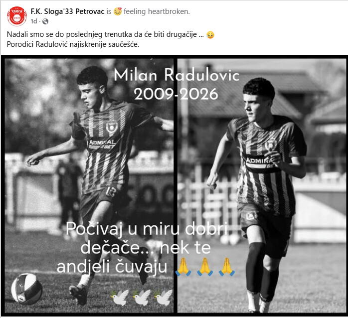 TUŽNE VESTI POTRESLE SRPSKI FUDBAL: Preminuo mladi fudbaler Sloge