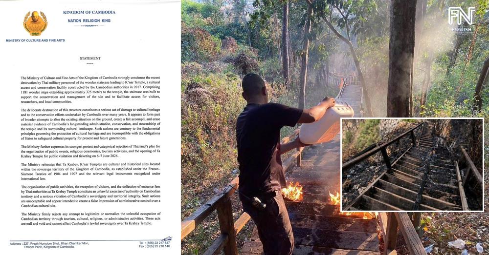 Cambodian Culture Ministry Strongly Condemns Thai Military’s Destruction of Wooden Staircase Leading to K’nar Temple